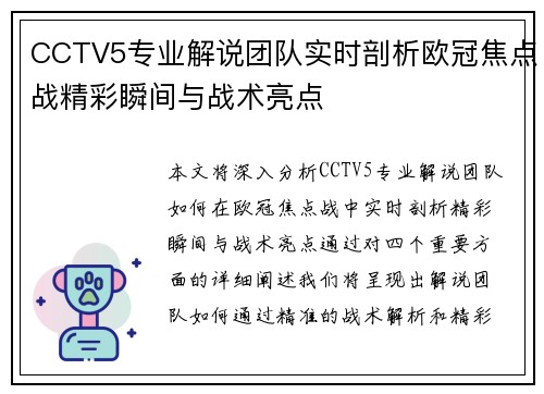 CCTV5专业解说团队实时剖析欧冠焦点战精彩瞬间与战术亮点