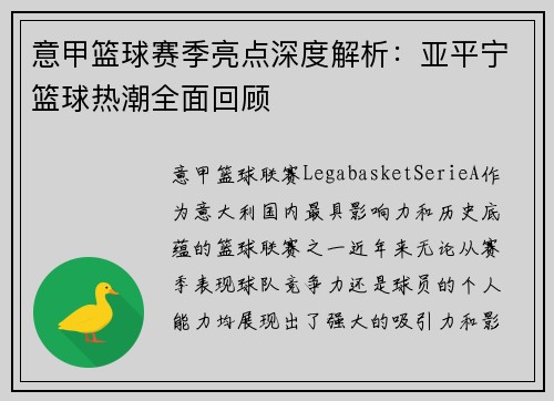 意甲篮球赛季亮点深度解析：亚平宁篮球热潮全面回顾