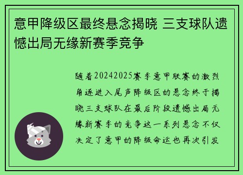 意甲降级区最终悬念揭晓 三支球队遗憾出局无缘新赛季竞争